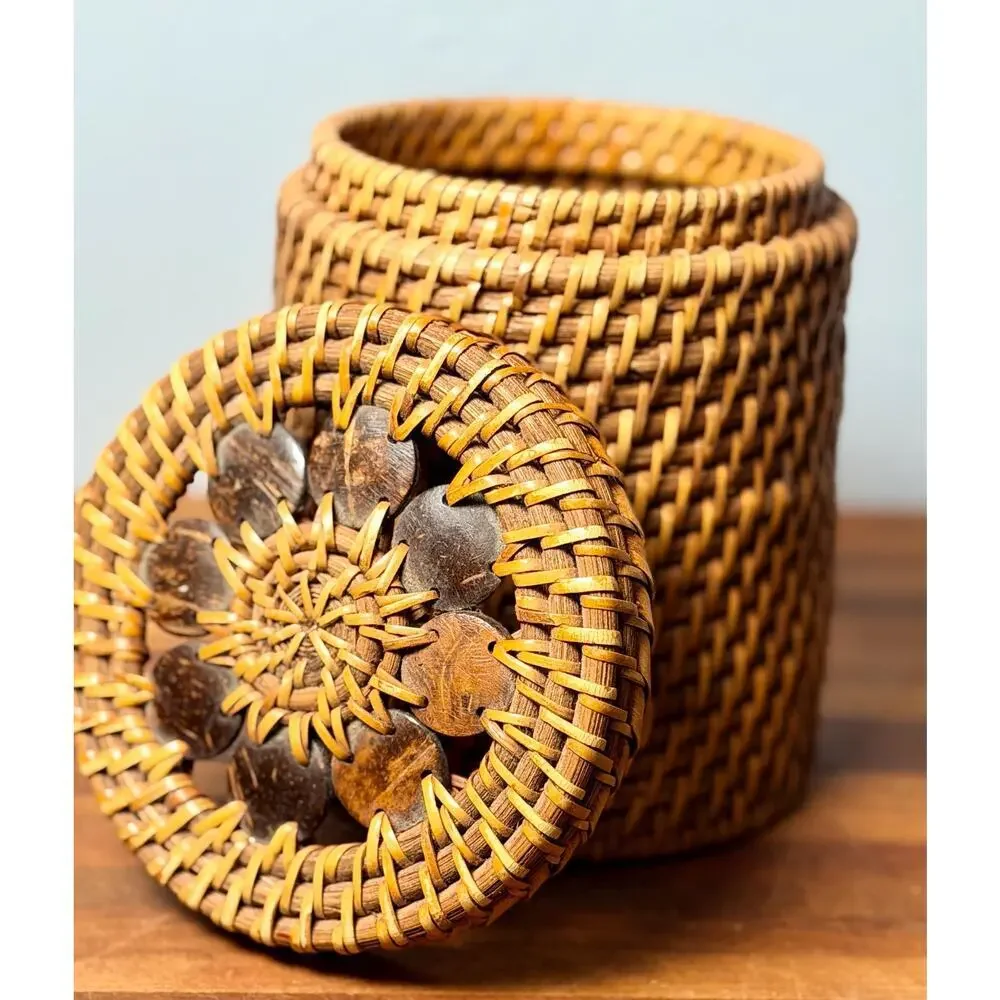1970s Vintage Philippines Rattan Lidded Basket Coconut Shell Floral Lid Boho